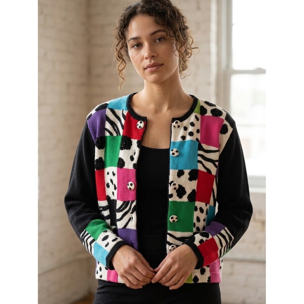 Vintage 90s Berek Takako Sakon Patchwork Animal Print Beaded Cardigan Sweater L